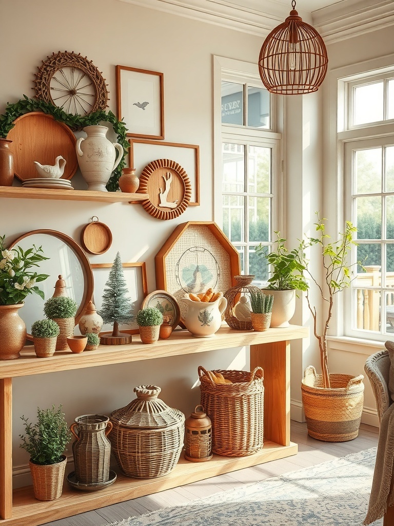 A cozy interior with vintage decor including woven baskets, ceramic pots, and framed art.