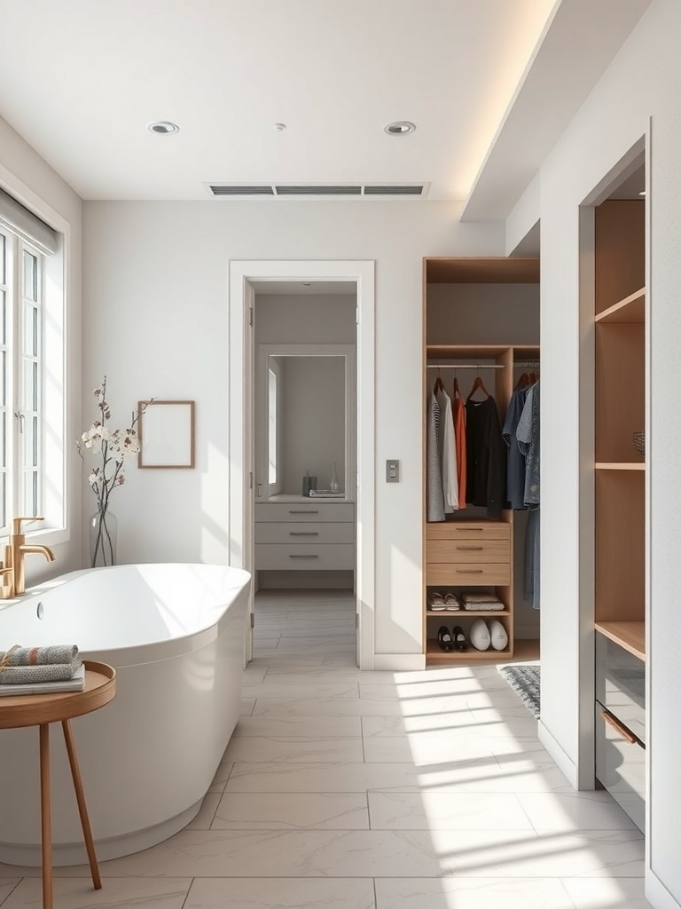 Modern bathroom with a walk-in closet featuring a bathtub and organized storage.