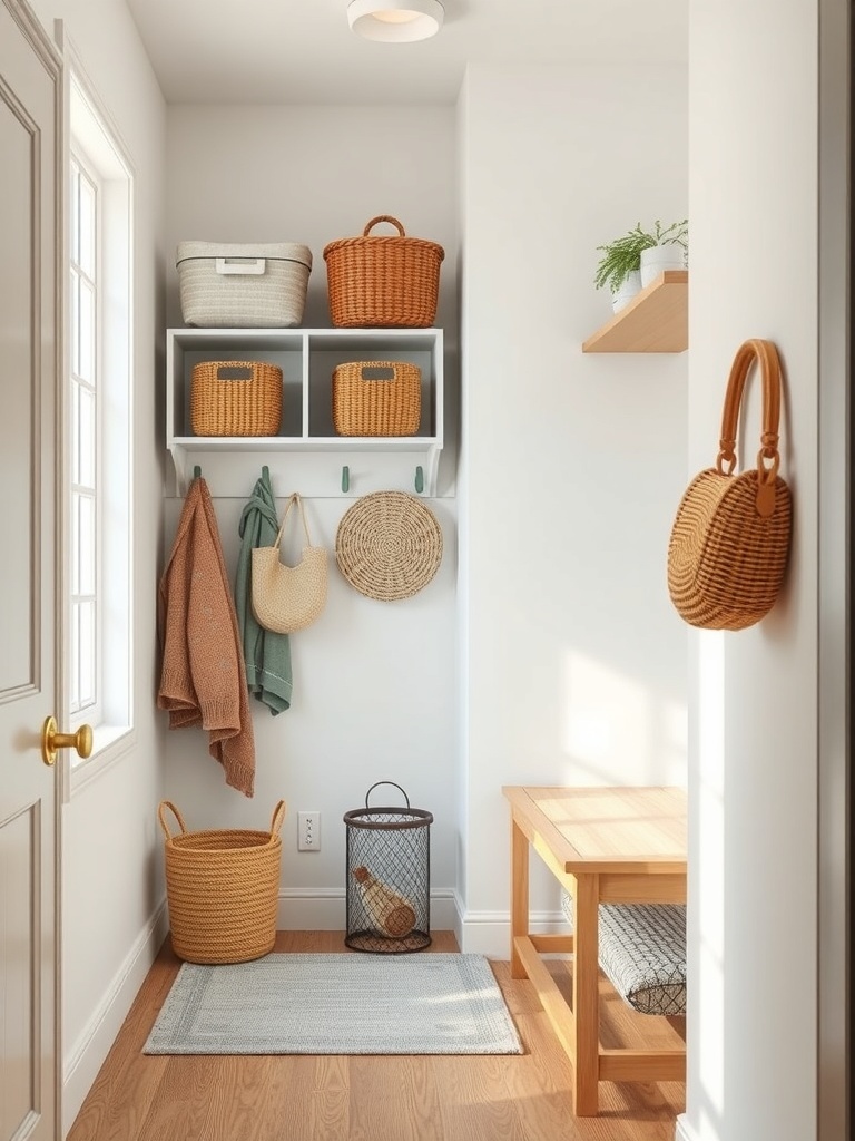 A cozy entryway featuring wall-mounted baskets for storage, with a wooden bench and decorative items.