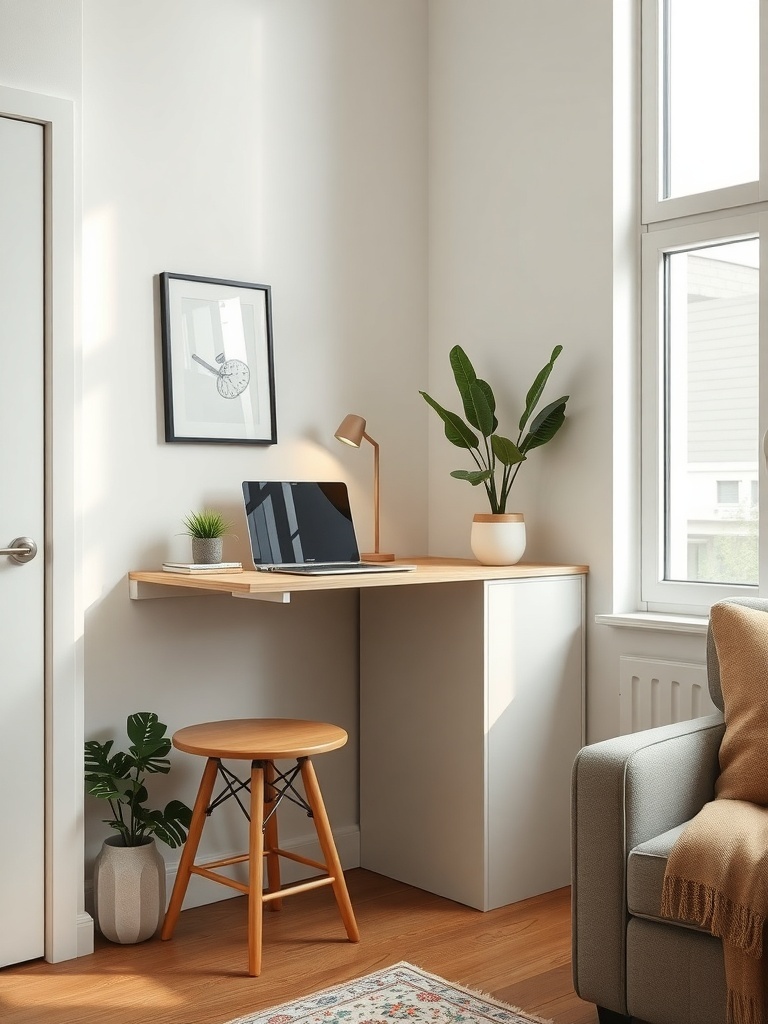 A cozy wall-mounted desk with a drop-leaf, a laptop, and a plant in a small apartment setting.