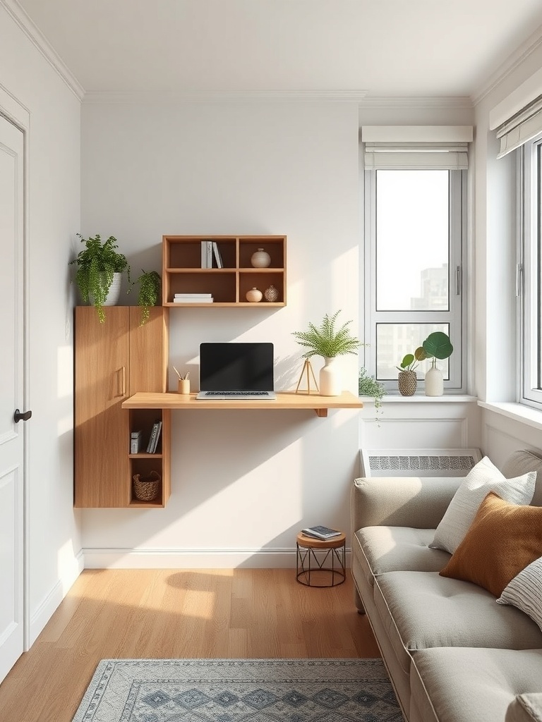 A cozy studio apartment featuring a wall-mounted desk with shelves and a comfortable sofa.