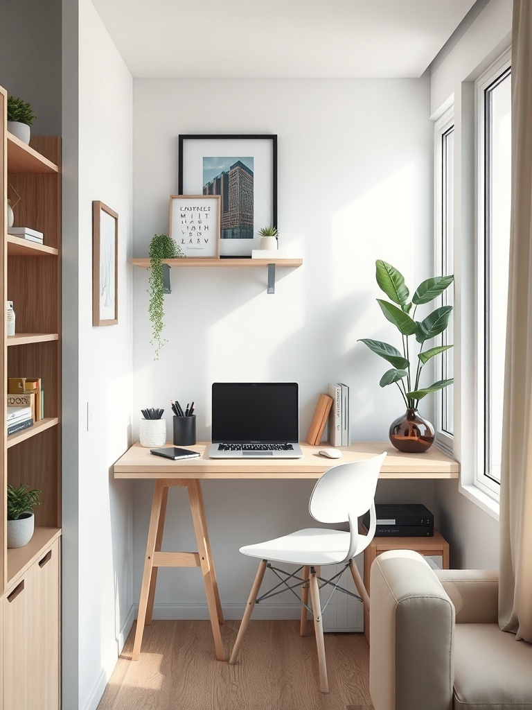 A cozy home office with a wall-mounted desk, laptop, and decorative plants.