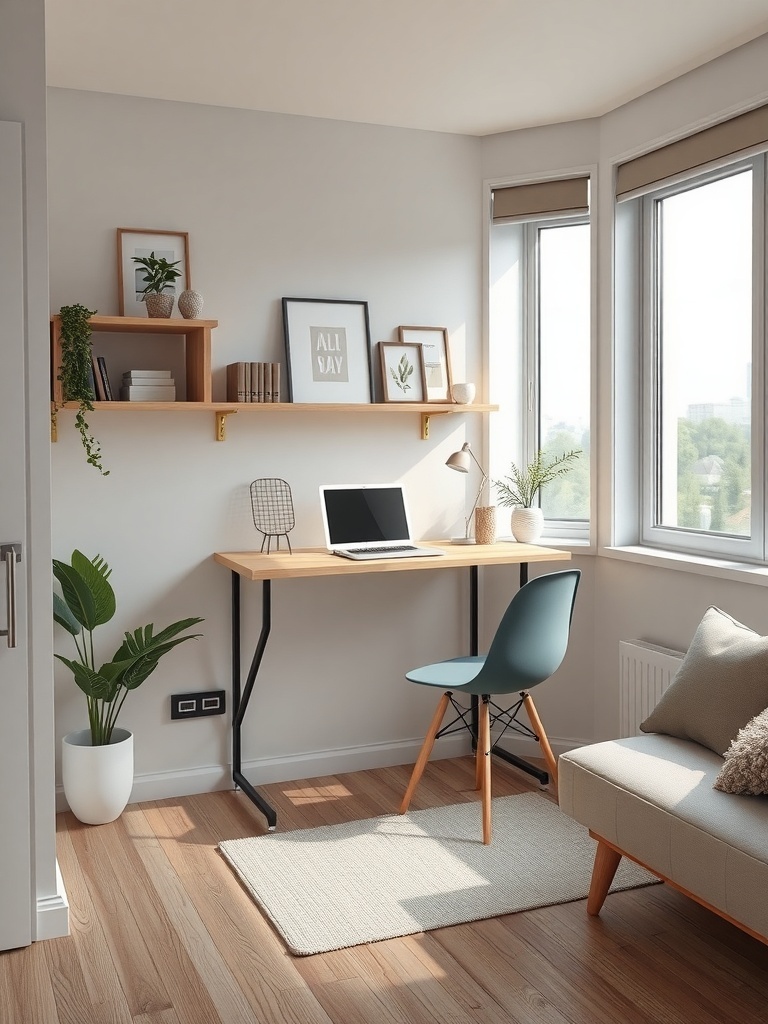A compact wall-mounted desk setup with a laptop, chair, and decorative shelves.