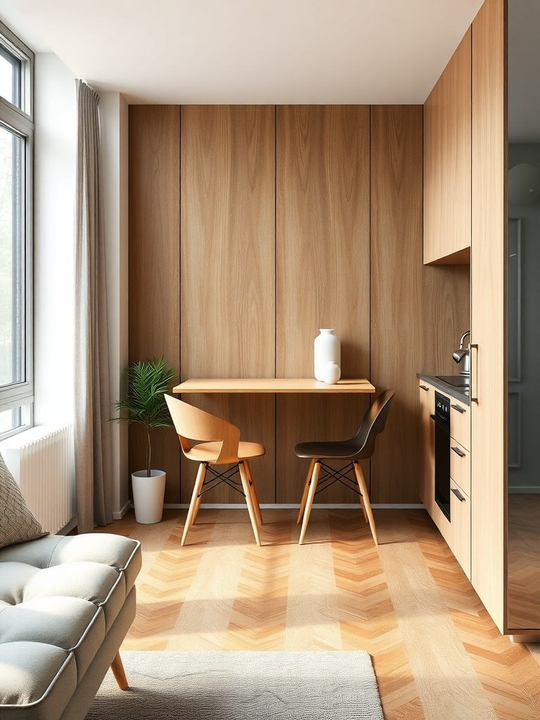 A cozy wall-mounted dining table in a small apartment setting.