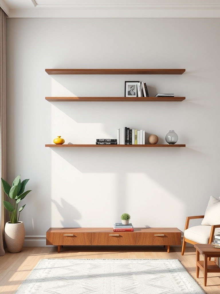 A modern living room featuring wall-mounted floating shelves with books and decorative items.