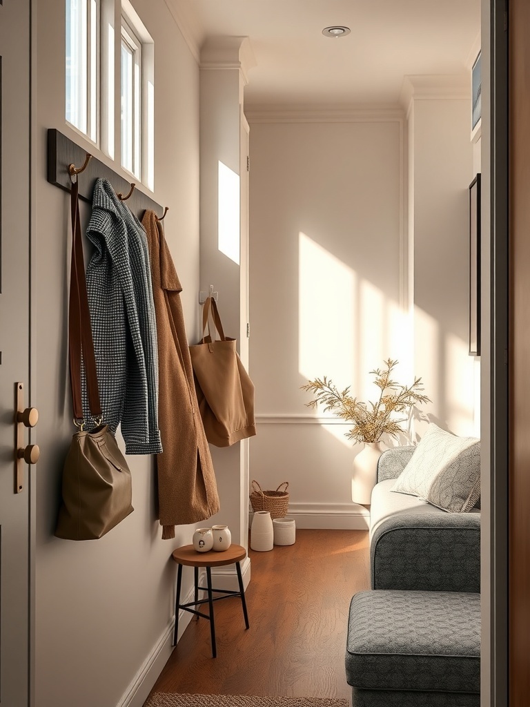 A cozy entryway featuring wall-mounted hooks with coats and bags hanging.
