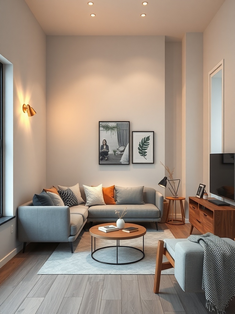 A stylish tiny living room with wall-mounted lighting and modern decor.