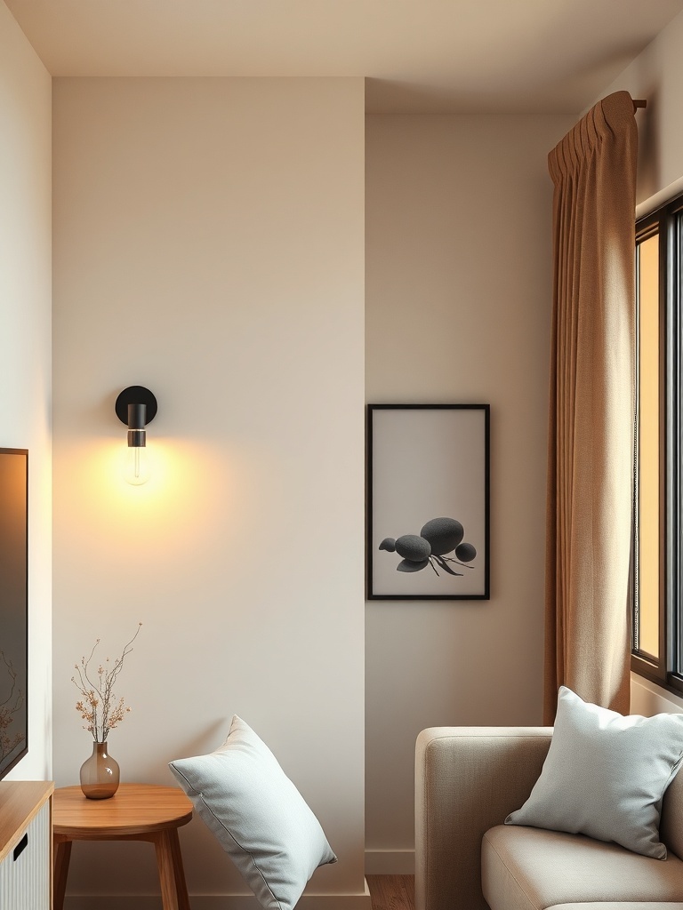 A cozy living room corner featuring a wall-mounted sconce, a side table with a vase, and a comfortable sofa.