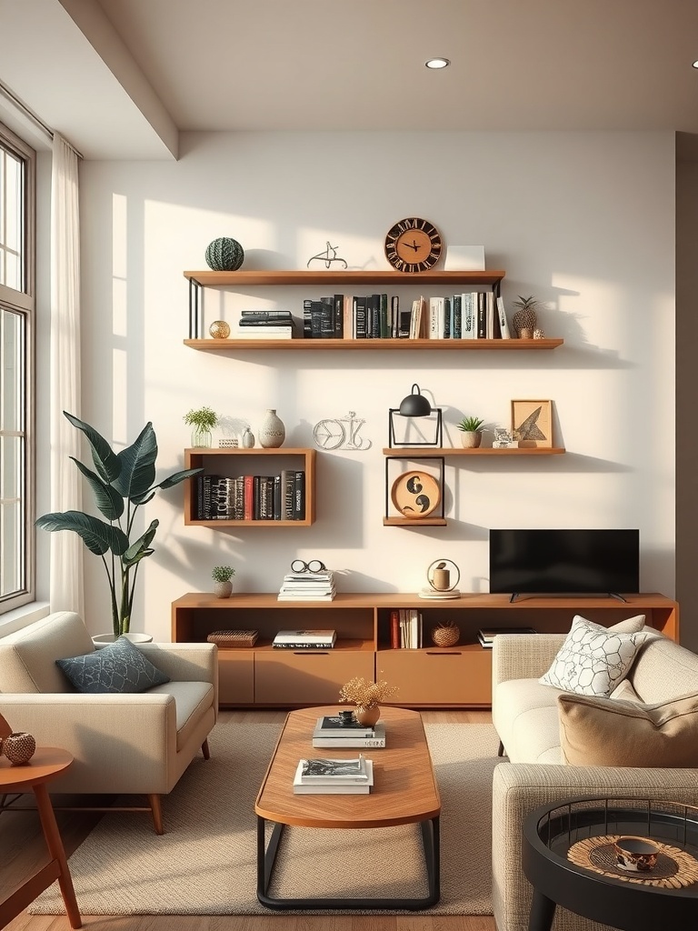 A stylish living room featuring wall-mounted shelves with books and decorative items.
