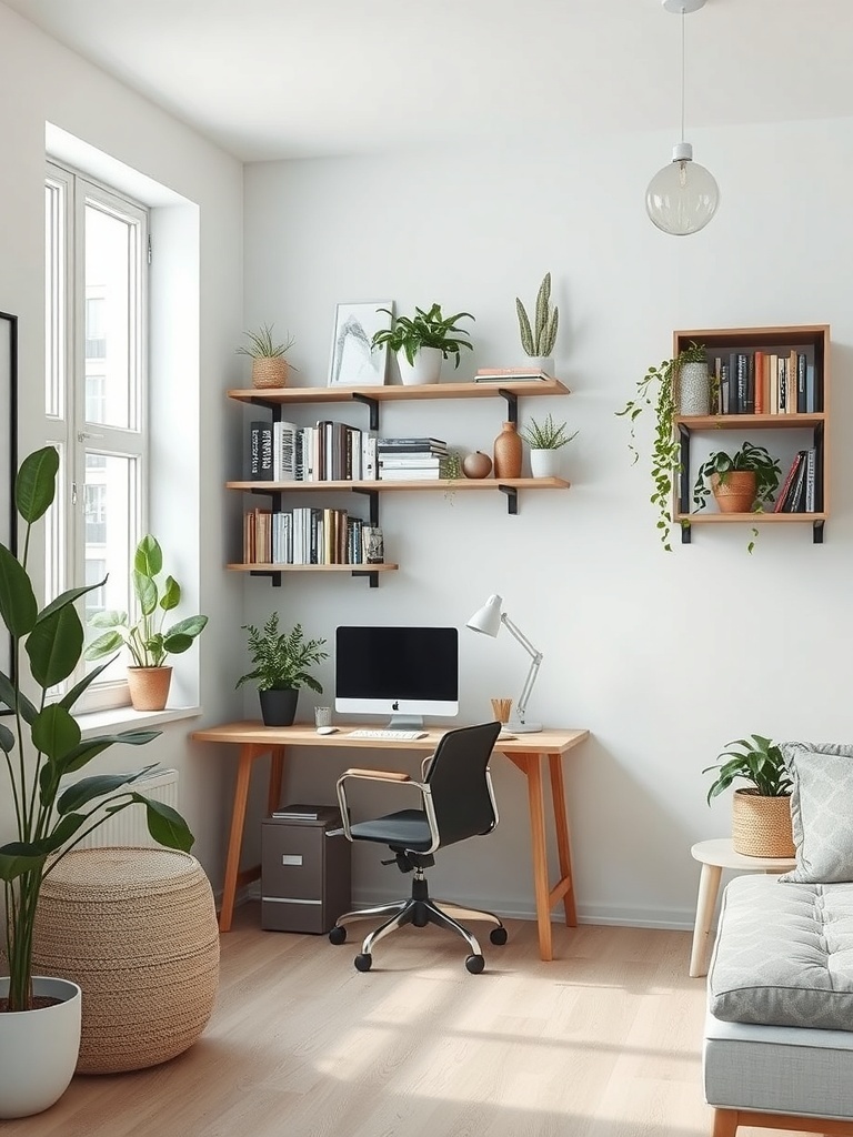 A cozy workspace featuring wall-mounted shelves with plants and books.