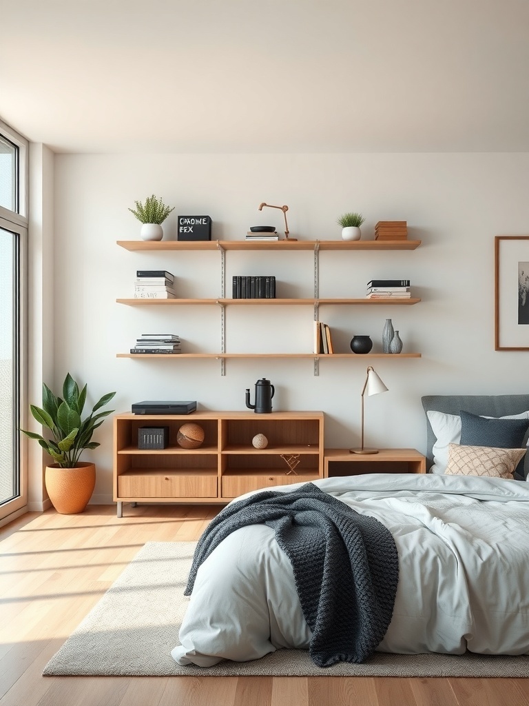 A minimalist bedroom featuring wall-mounted wooden shelves and a low-profile storage unit, showcasing a clean and organized look.