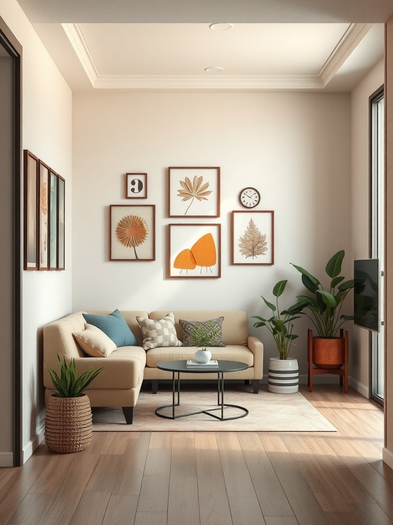 A cozy entryway with wall art featuring leaves and abstract designs, complemented by a comfortable sofa and plants.