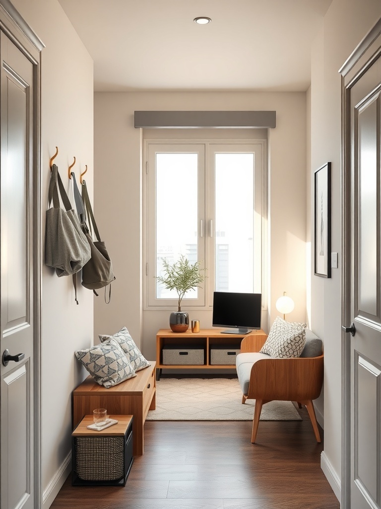 A hallway with wall hooks holding bags, a cozy seating area, and a small table.