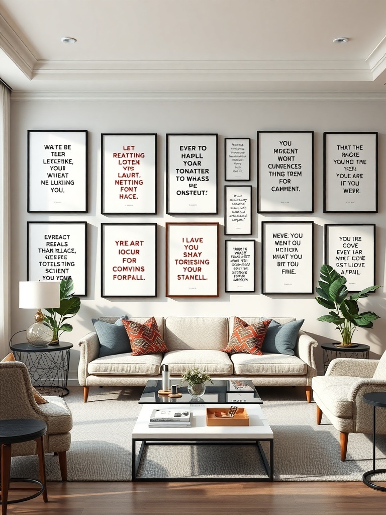 A stylish living room wall decorated with framed inspirational quotes in various fonts and colors.