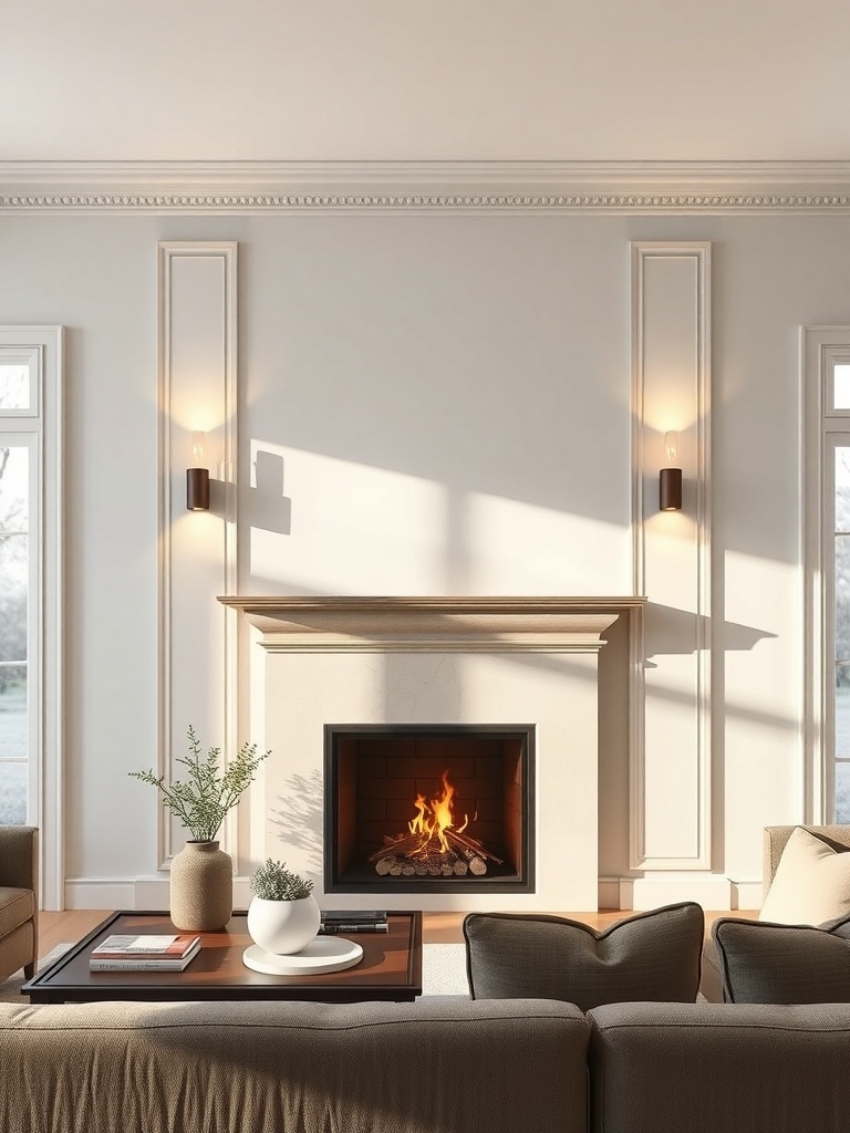 A cozy living room featuring wall sconces beside a fireplace.