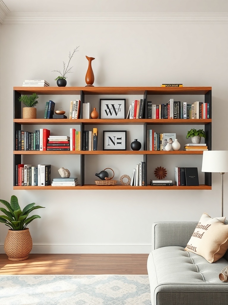 Stylish wall shelving with books and decorative items in a living room
