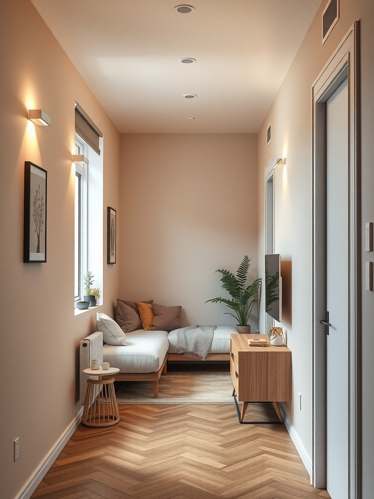 A cozy small living area with wall washers illuminating the walls.