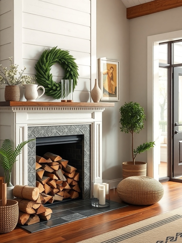 Cozy farmhouse living room with firewood display and decorative elements.