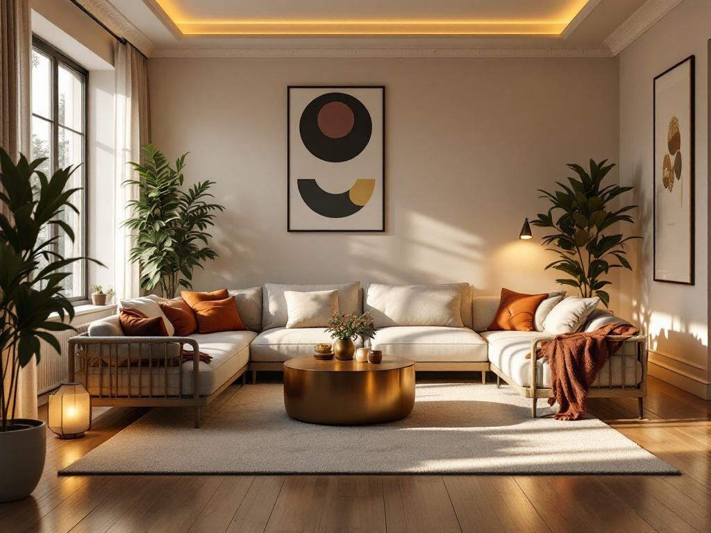 A warm and inviting modern living room with soft lighting, featuring a cozy sofa, decorative cushions, plants, and a stylish coffee table.