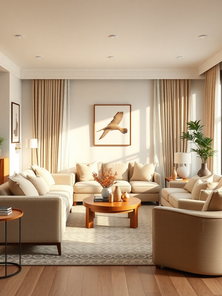 A warm beige living room with soft sofas, a wooden coffee table, and natural light.