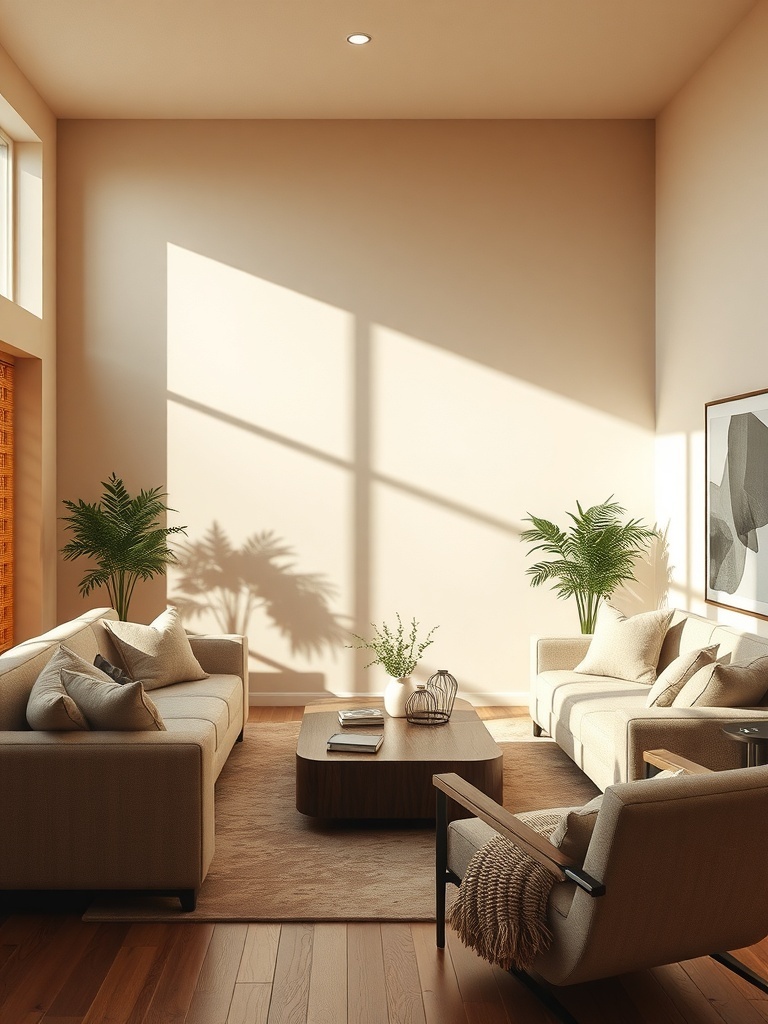 Cozy living room with warm beige tones, featuring plush sofas, a coffee table, and indoor plants.