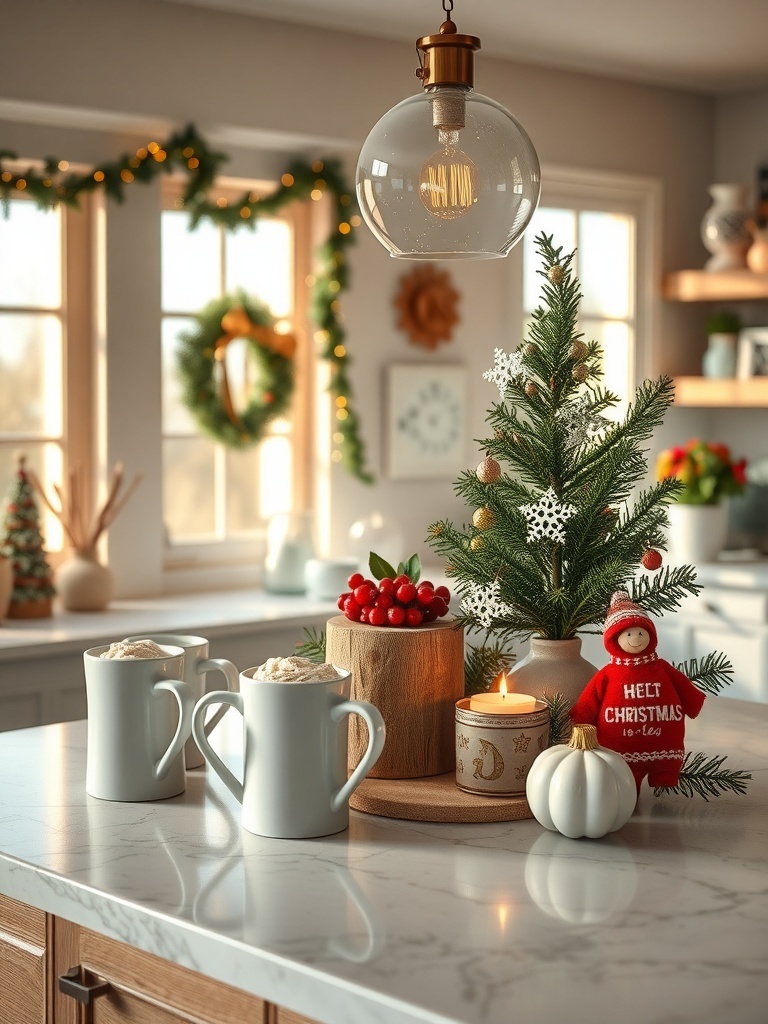 A cozy winter beverage station with mugs, a mini Christmas tree, and festive decorations.