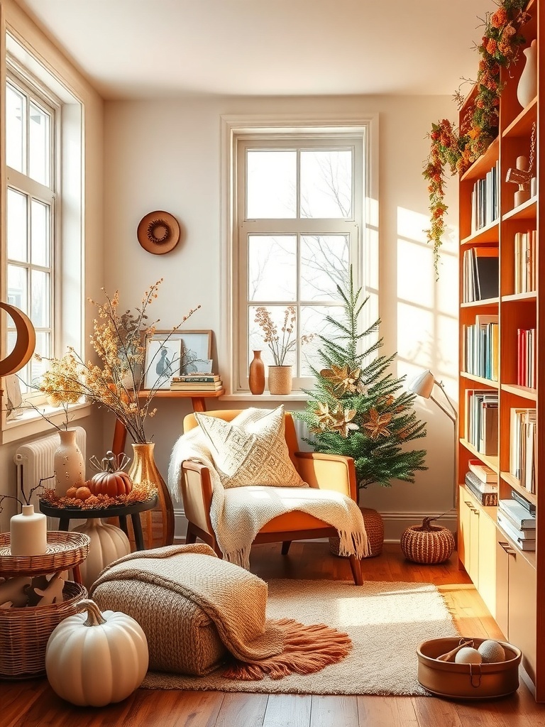 A cozy living room featuring warm cinnamon and cream colors with a comfortable chair, decorative pillows, and seasonal decor.
