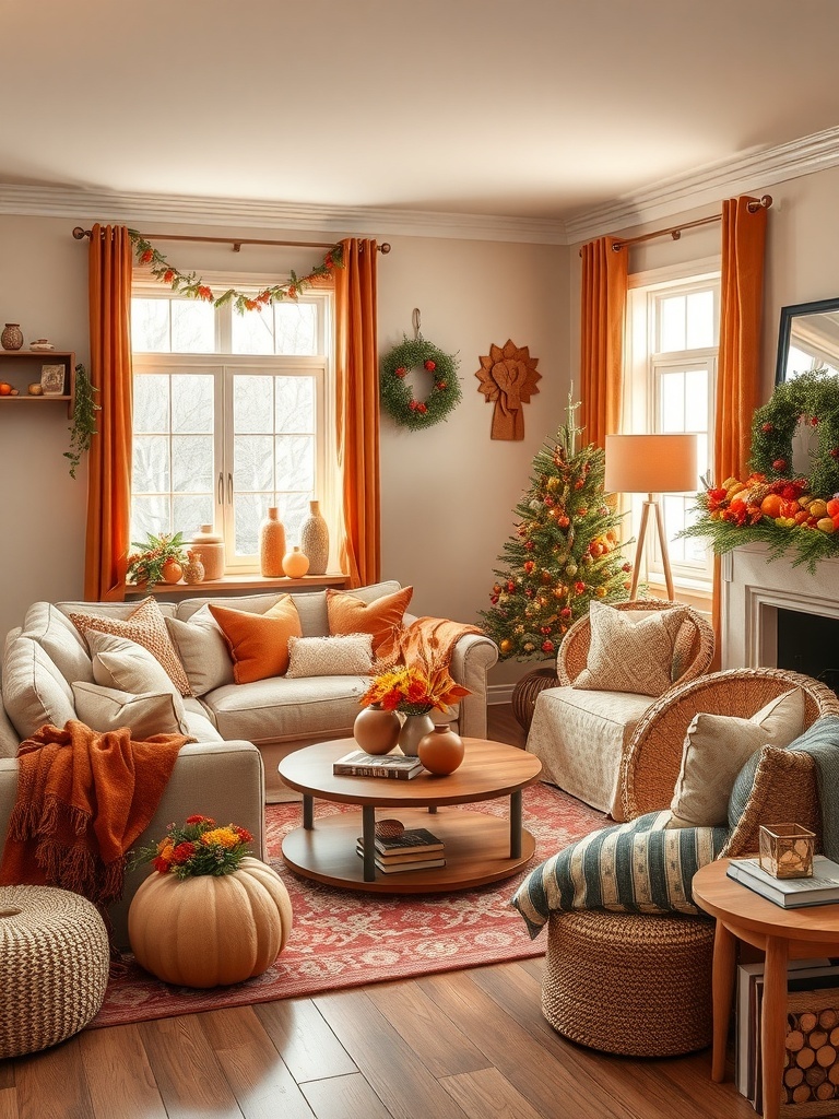 Cozy living room decorated with warm cinnamon hues, featuring orange curtains, a festive tree, and autumn-themed decor.