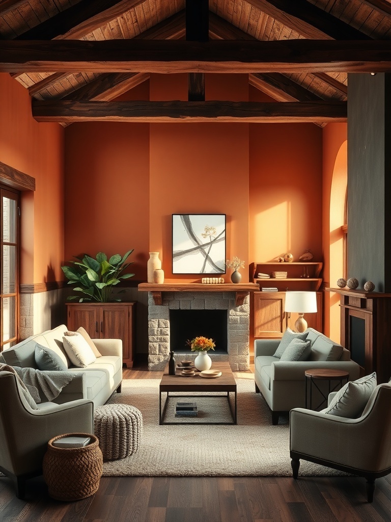 A warm clay colored living room with wooden beams, a stone fireplace, and cozy furniture.