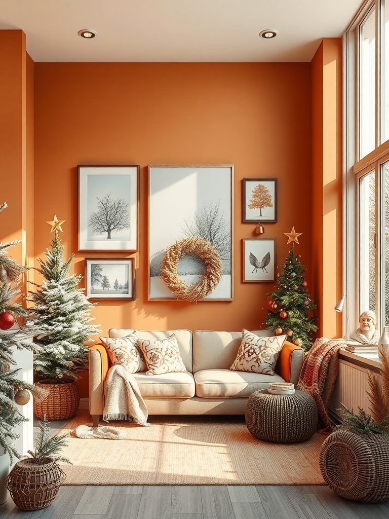 A cozy living room with warm terracotta walls, decorated for winter with trees and festive accents.