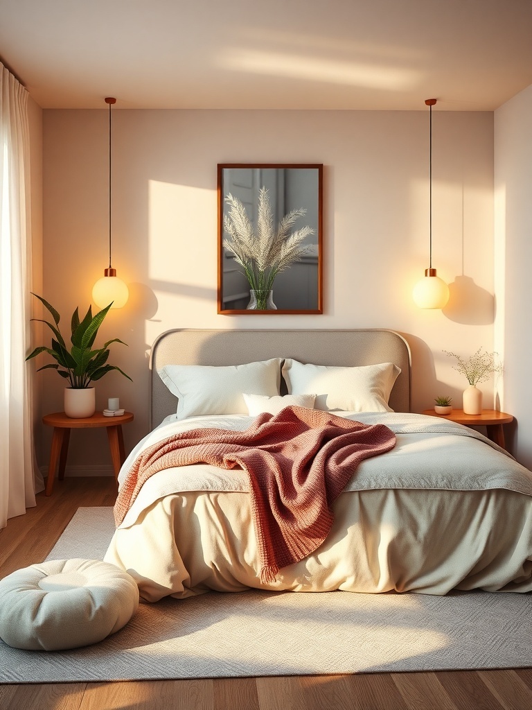 Cozy bedroom with warm color palette featuring beige tones, soft pink throw blanket, and greenery.