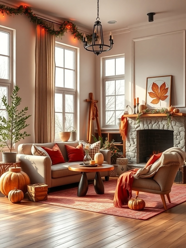 Cozy winter apartment decor with warm color palettes featuring oranges, reds, and browns.