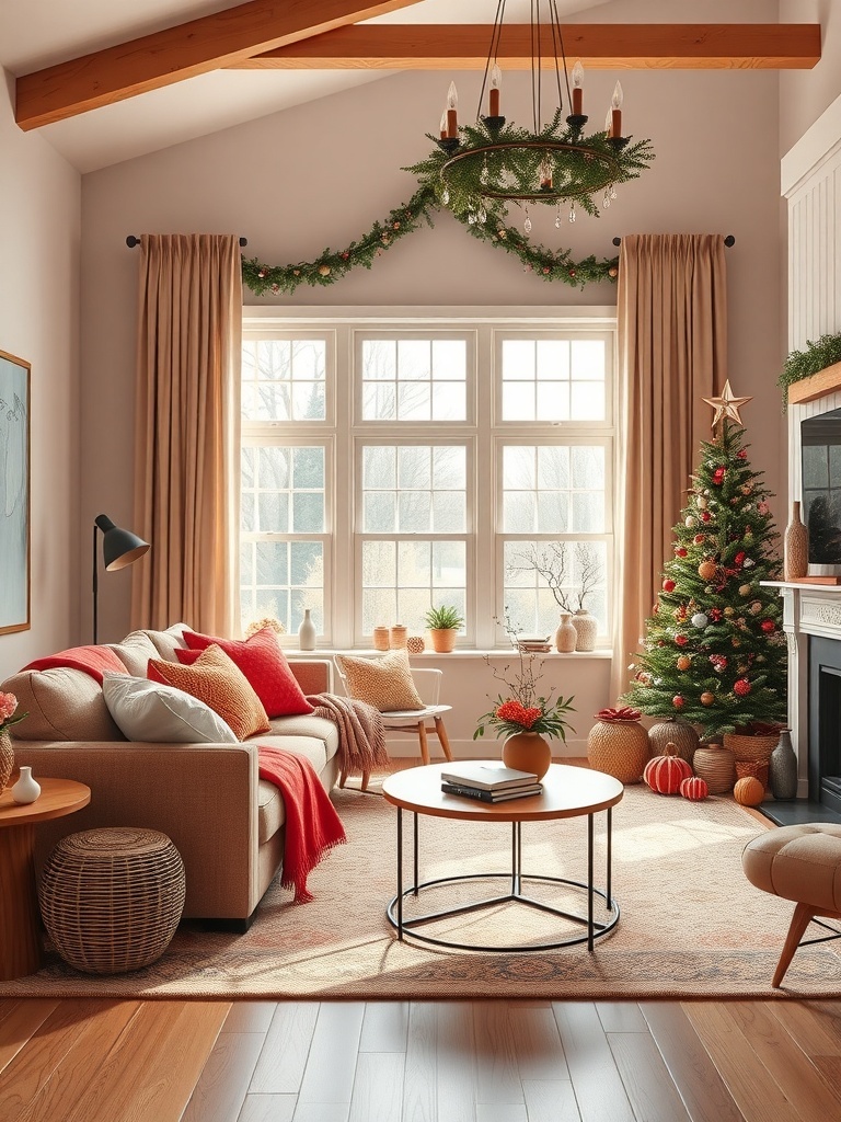 A cozy living room featuring warm coral accents with cushions and decor.