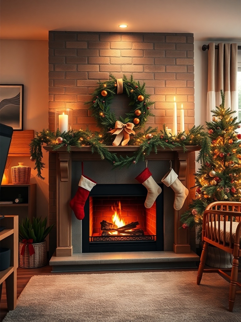 A decorated fireplace with stockings, a wreath, and candles for Christmas.
