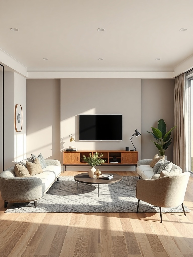 A cozy living room featuring warm gray walls and beige furniture, with a round coffee table and large windows.