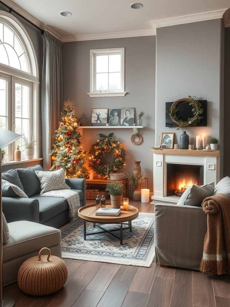 Cozy living room with warm gray walls, comfortable seating, and festive decor.