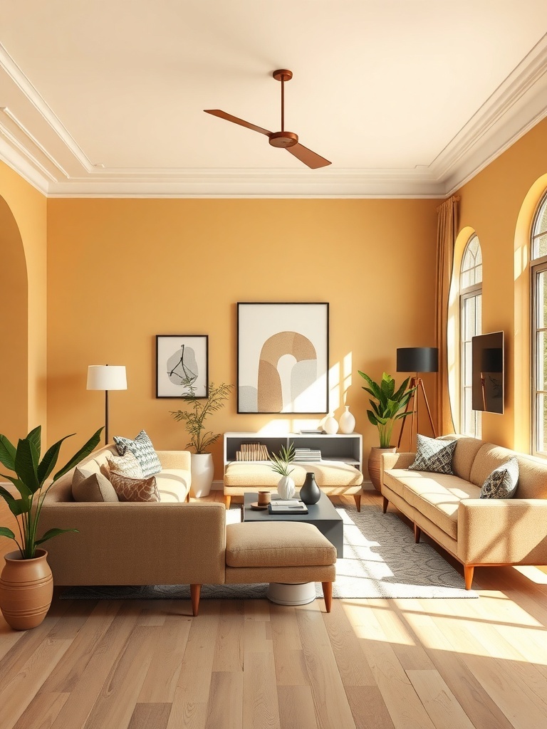 A warm honey colored living room with beige sofas, potted plants, and abstract wall art.