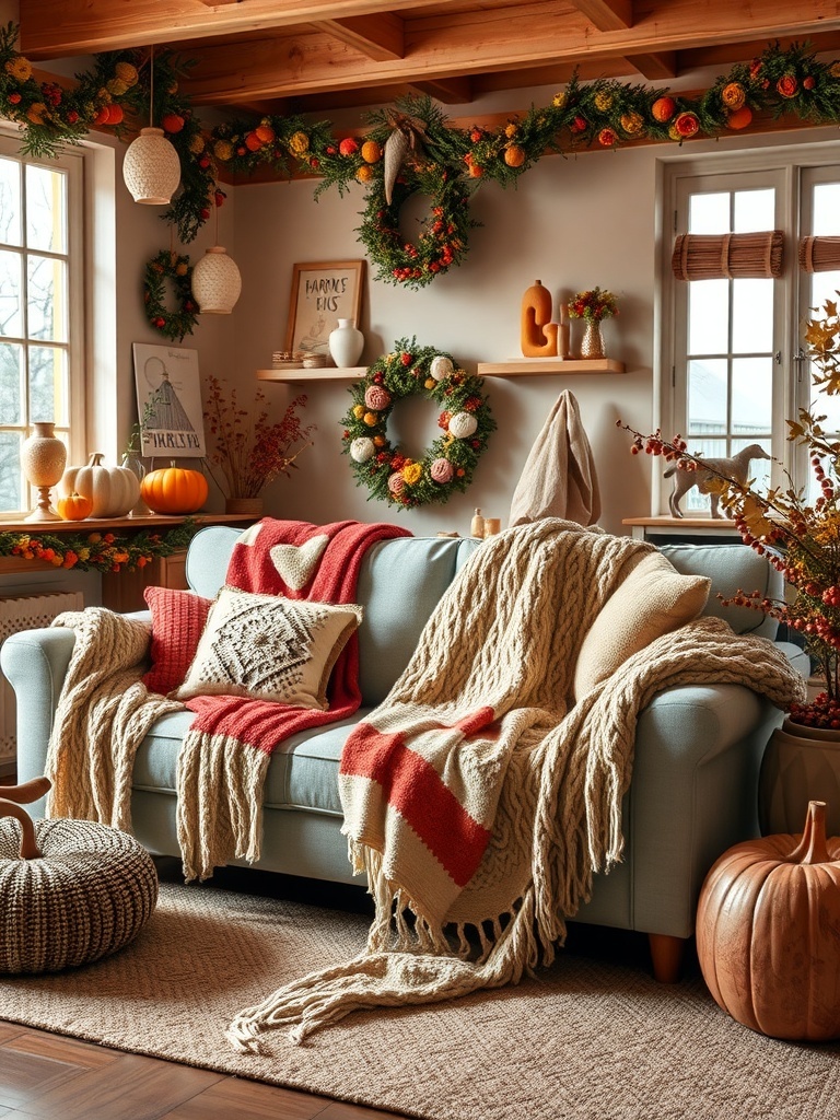 A cozy living room with warm knit blankets and throws on a light blue couch, decorated for fall.