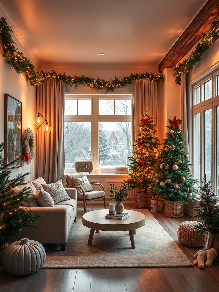Cozy living room with warm lighting and winter decor