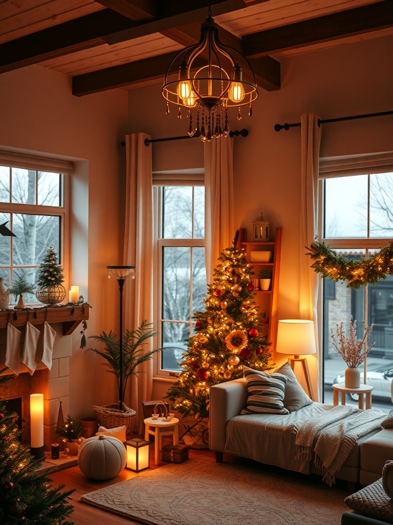 A cozy winter apartment with warm lighting fixtures, a Christmas tree, and a comfortable sofa.