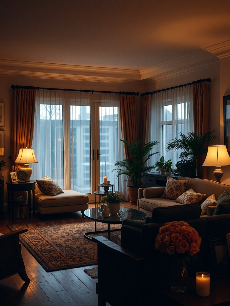Cozy living room with warm lighting, featuring lamps, candles, and soft furnishings.