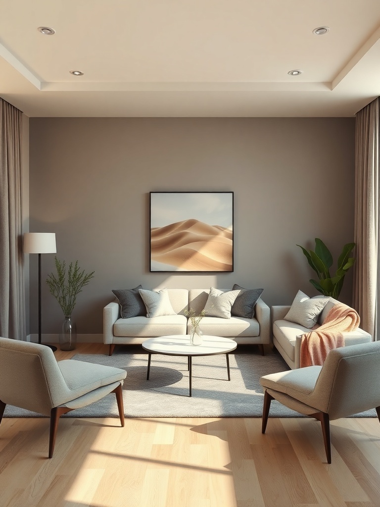 A minimalist living room with warm lighting, featuring a light-colored sofa, armchairs, and a coffee table, with a plant and artwork on the walls.
