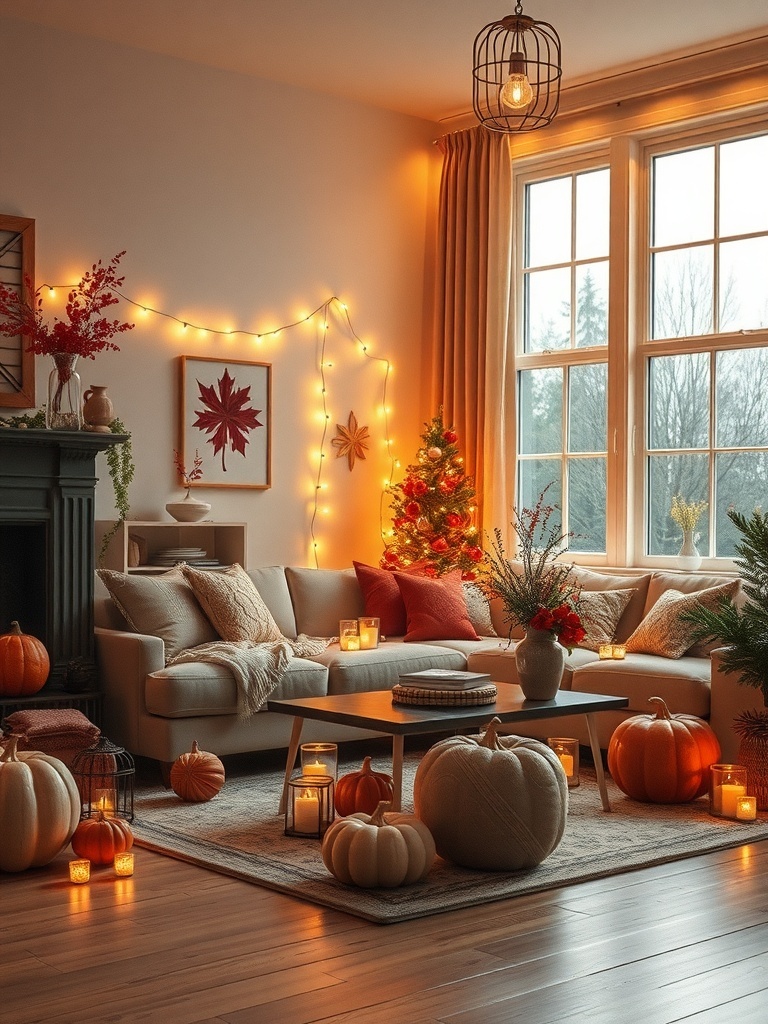 Cozy living room decorated with fairy lights and fall decor.