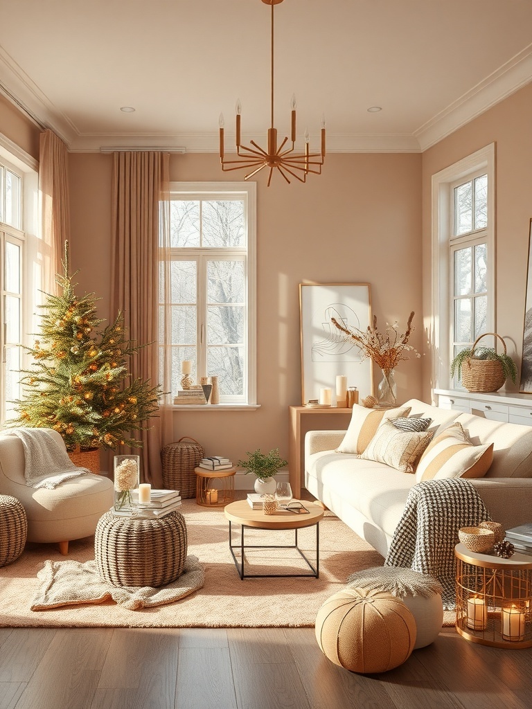 A cozy living room featuring warm neutral tones and golden accents.