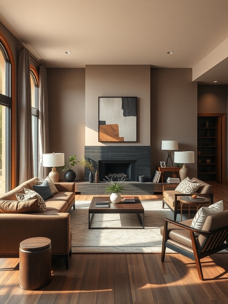A cozy living room featuring warm taupe walls, dark wood furniture, and natural light.