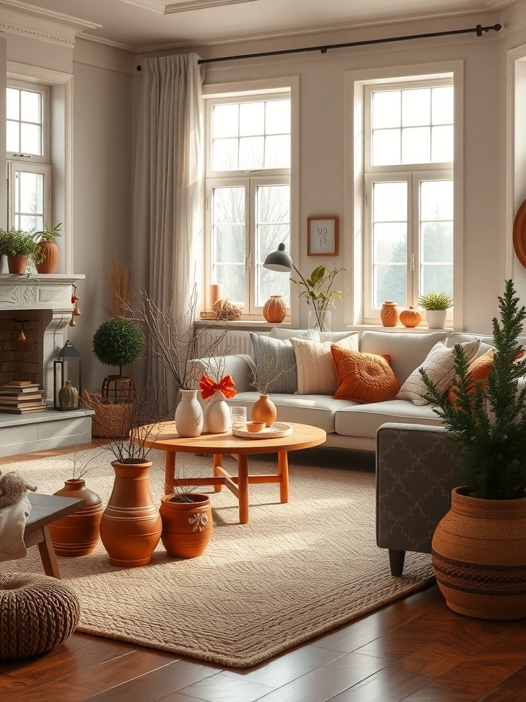 Cozy living room with terracotta accents and warm decor