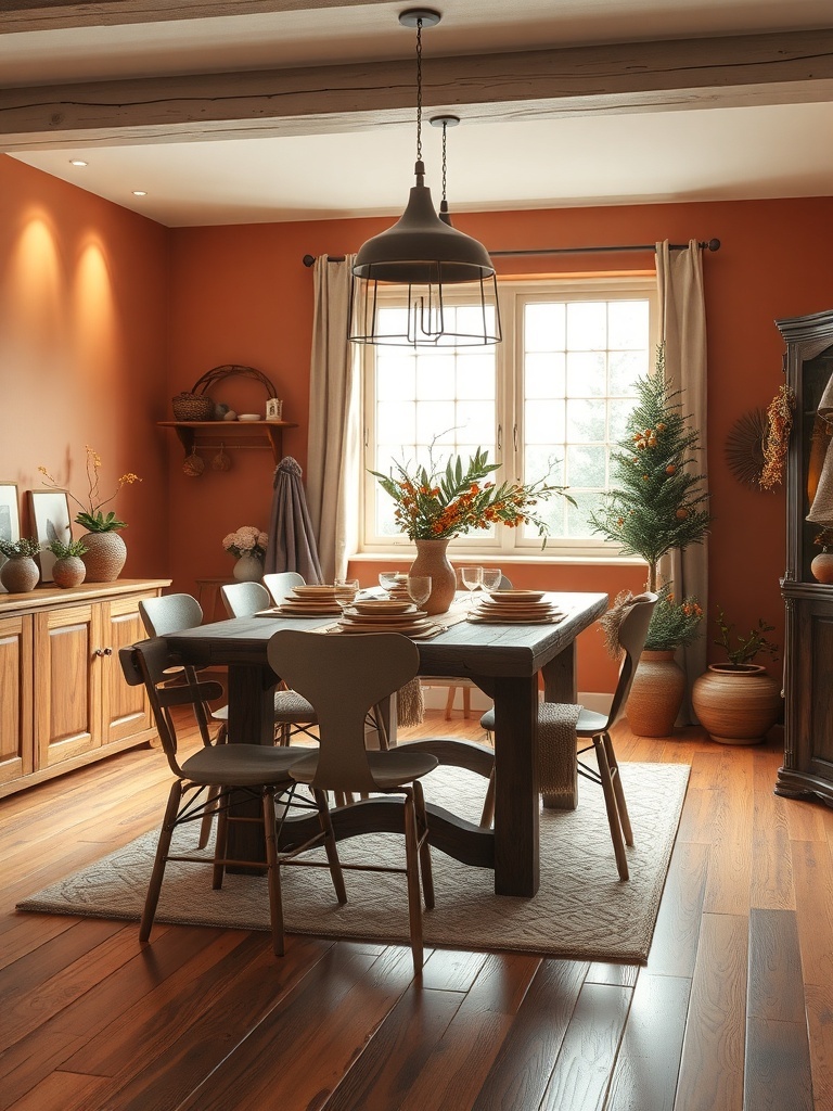 A cozy dining area featuring warm terracotta walls, a wooden table, and stylish chairs.