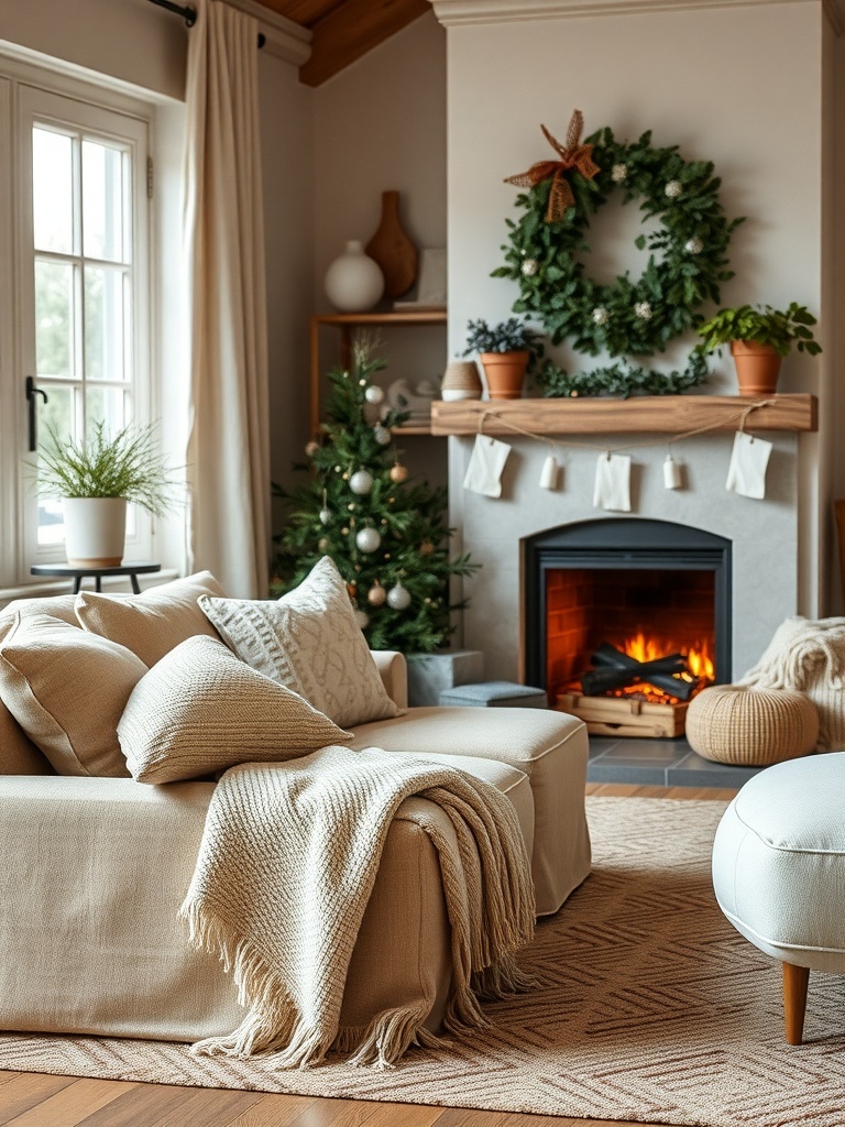 A cozy living room with warm throws and blankets on a sofa, a fireplace, and a Christmas tree.