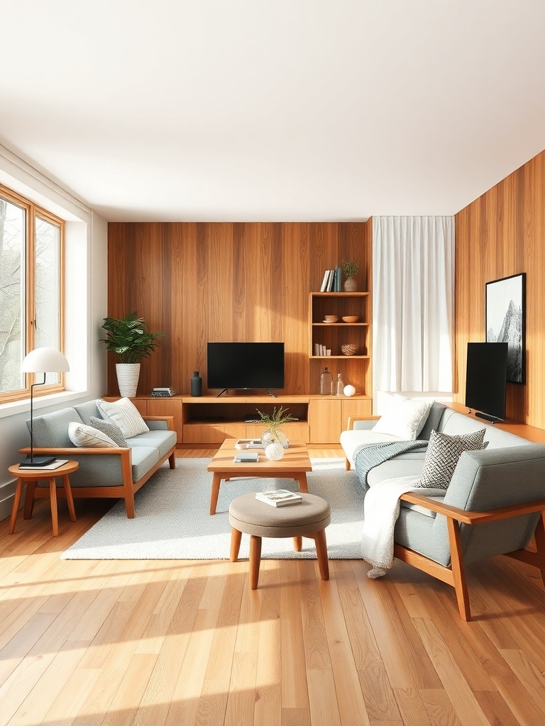 Scandinavian living room featuring warm wood accents with light furniture and a cozy atmosphere.