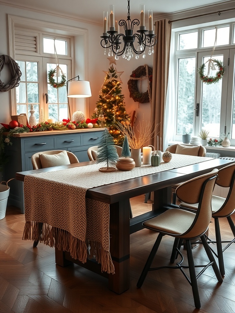 A cozy dining table decorated with a woolen table runner, candles, and holiday decor.